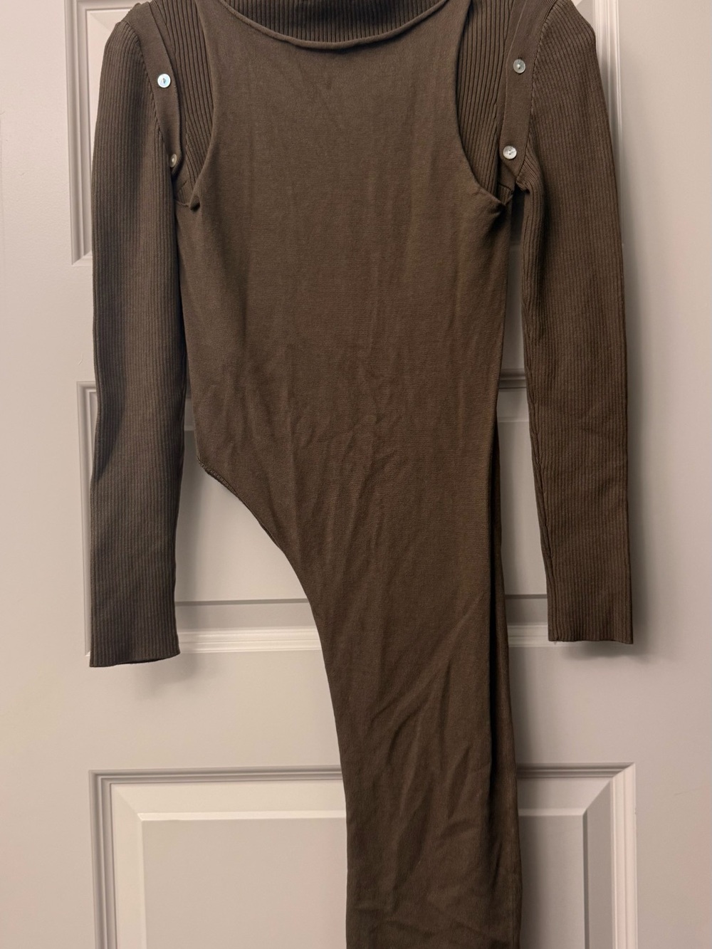 Zara Olive Brown Asymmetrical Button-Shoulder Top